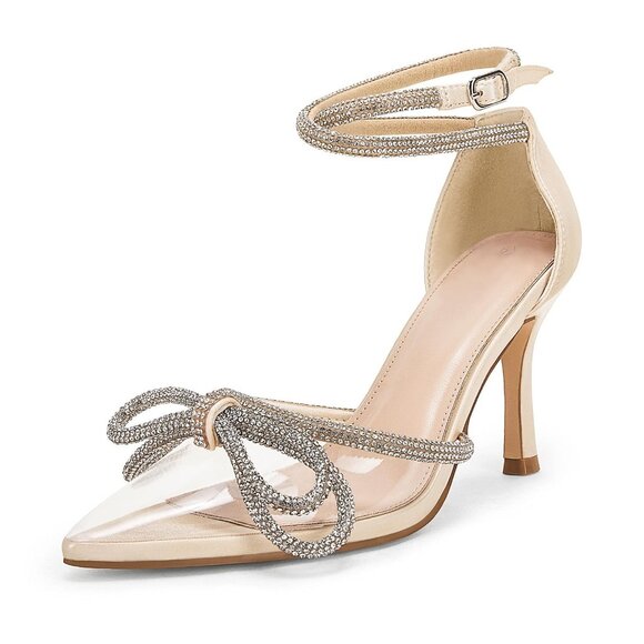Coutgo Women's Clear Heels Closed Toe Pointed Rhinestone Heels Light Gold 8.5 - Picture 1 of 5